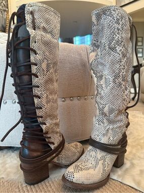 Freebird Snakeskin Lace-Up Knee-High Boots - Brown & Cream